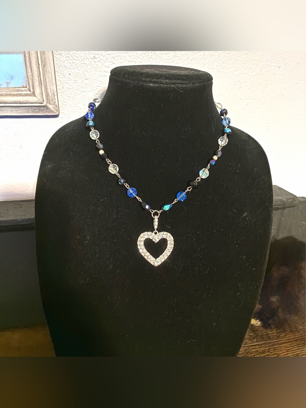 Vtg Monet Pave Crystal Heart Pendant on Blue and White Faceted Bead Necklace